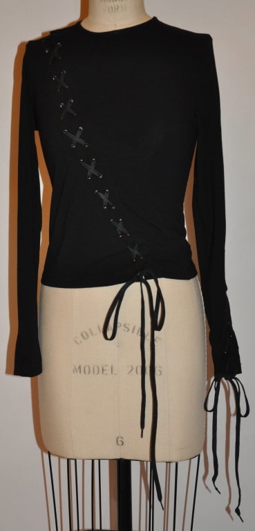 Gianfranco black spandex tee has 'lace-up' detailing. The front length measures 17 1/2