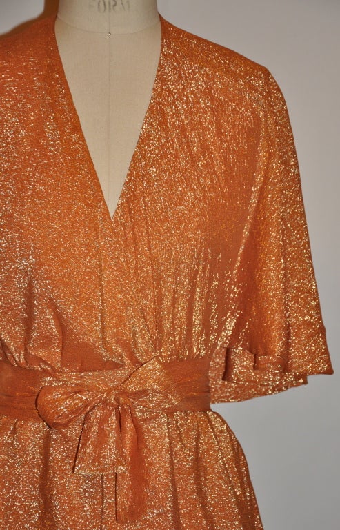 Brown Halston Signature Iconic Tangerine Metallic Lame Backless Caped Dress For Sale