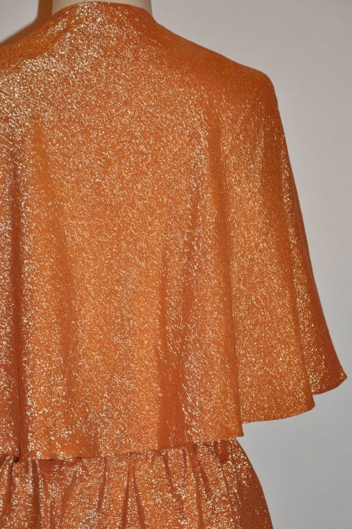 Halston Signature Iconic Tangerine Metallic Lame Backless Caped Dress In New Condition For Sale In New York, NY