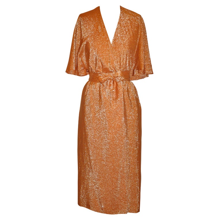 Halston Signature Iconic Tangerine Metallic Lame Backless Caped Dress For Sale