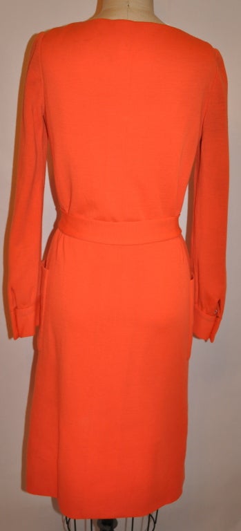 Red Iconic Norman Norell Neon Tangerine with self-tie button-front dress For Sale