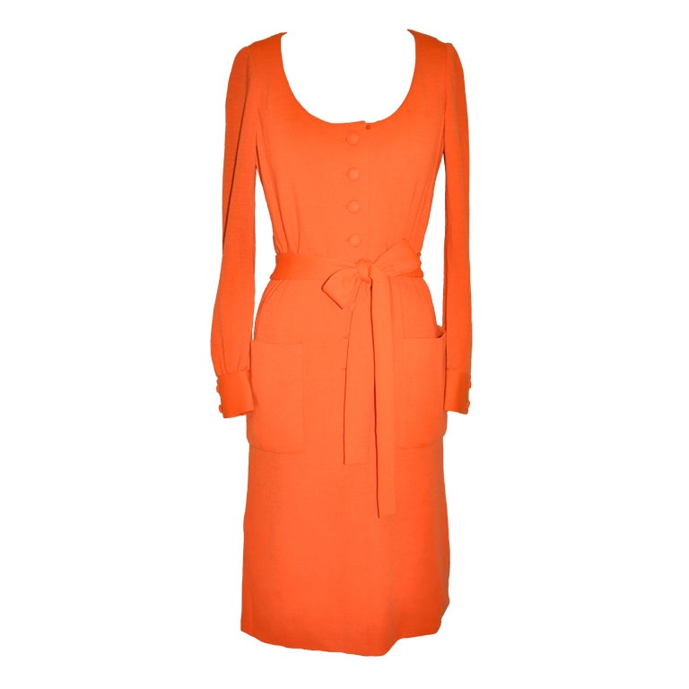 Iconic Norman Norell Neon Tangerine with self-tie button-front dress For Sale