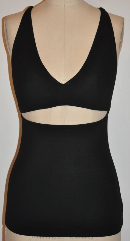 This Narciso Rodriguez black spandex-blend top is style like a two-piece bikini, except this top is all one piece! The top-half measures 2