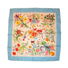 Gucci Signature Classic "Floral" Silk Scarf with Blue Borders