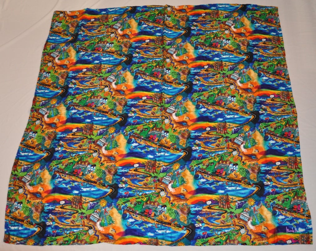 Extra large Nicole Miller multicolor silk crepe de chine scarf has the famous United States destinations that one would come across if driving through the 50 states.
   The silk crepe de chine scarf measures 43