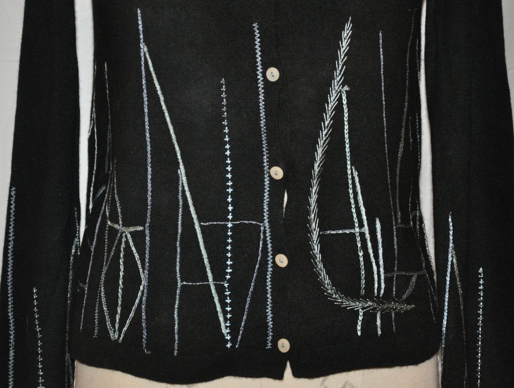 Black TSE black cashmere with silk embroidery cardigan