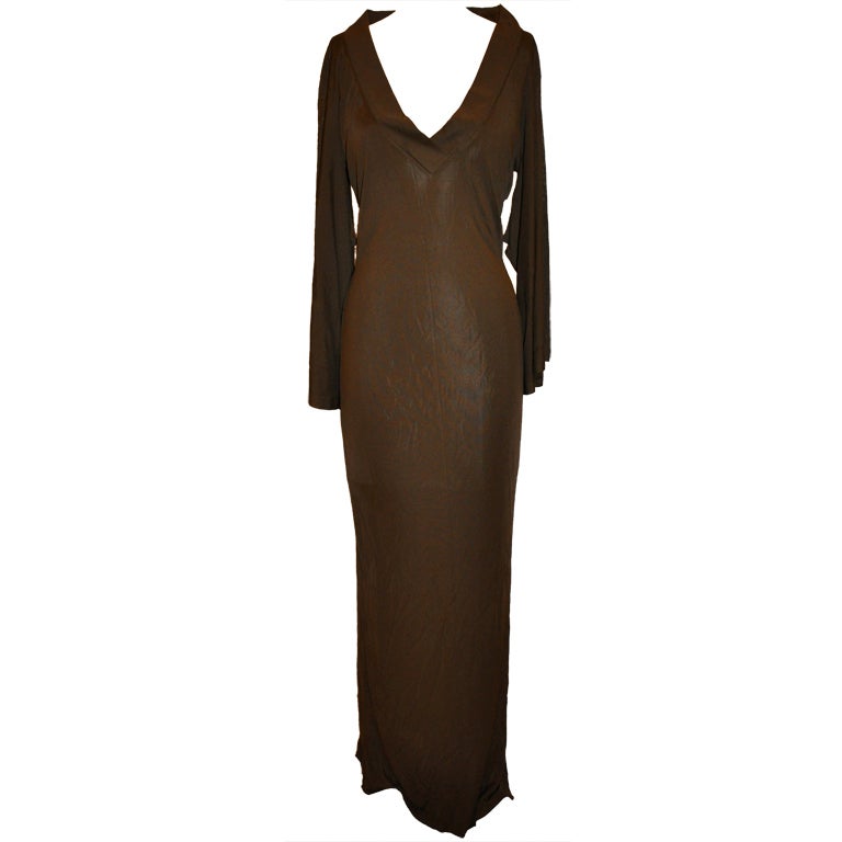 Jean Paul Gaultier Coco-Brown Dramatic Deep-V Front Draped Maxi-Dress For Sale