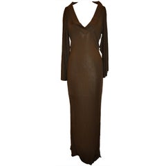 Retro Jean Paul Gaultier Coco-Brown Dramatic Deep-V Front Draped Maxi-Dress