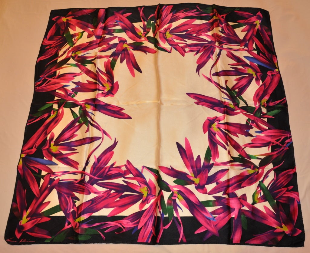 Anne Klein Fuchsia Floral Silk Scarf For Sale at 1stDibs
