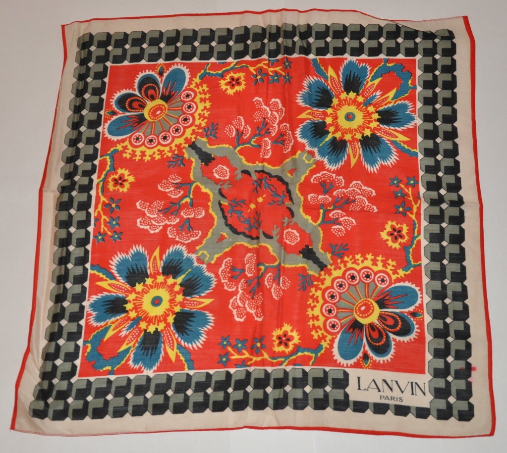 Iconic Jeanne Lanvin multi-color floral print silk scarf measures 22