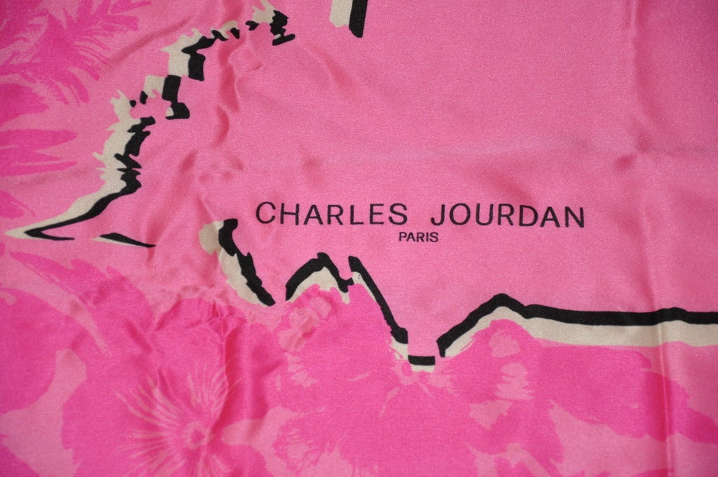 Rose Charles Jourdan - Superbe écharpe en crêpe de Chine de soie fuchsia et noire en vente
