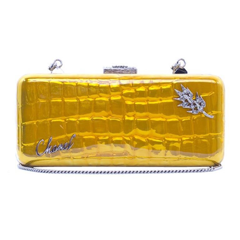 CHANEL Patent Gold Croc Embossed Swarovski Minaudiere Clutch For Sale