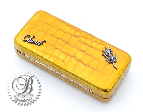 Women's CHANEL Patent Gold Croc Embossed Swarovski Minaudiere Clutch For Sale