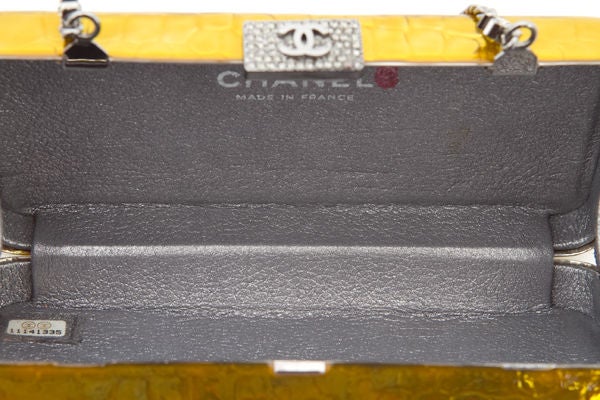 CHANEL Patent Gold Croc Embossed Swarovski Minaudiere Clutch For Sale 4
