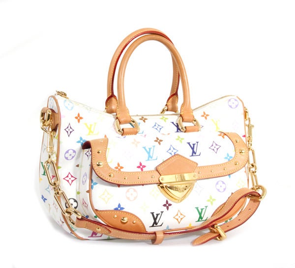 This is an authentic LOUIS VUITTON Multicolor Murakami Rita Bag. It is done in signature Louis Vuitton white multicolor monogram canvas. This bag Features gold-tone hardware, natural cowhide leather trim and accents, two rolled leather top handles,