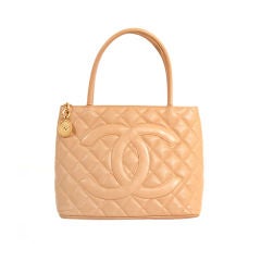 CHANEL Beige Tan Caviar Leather Classic Quilted MEDALLION Bag