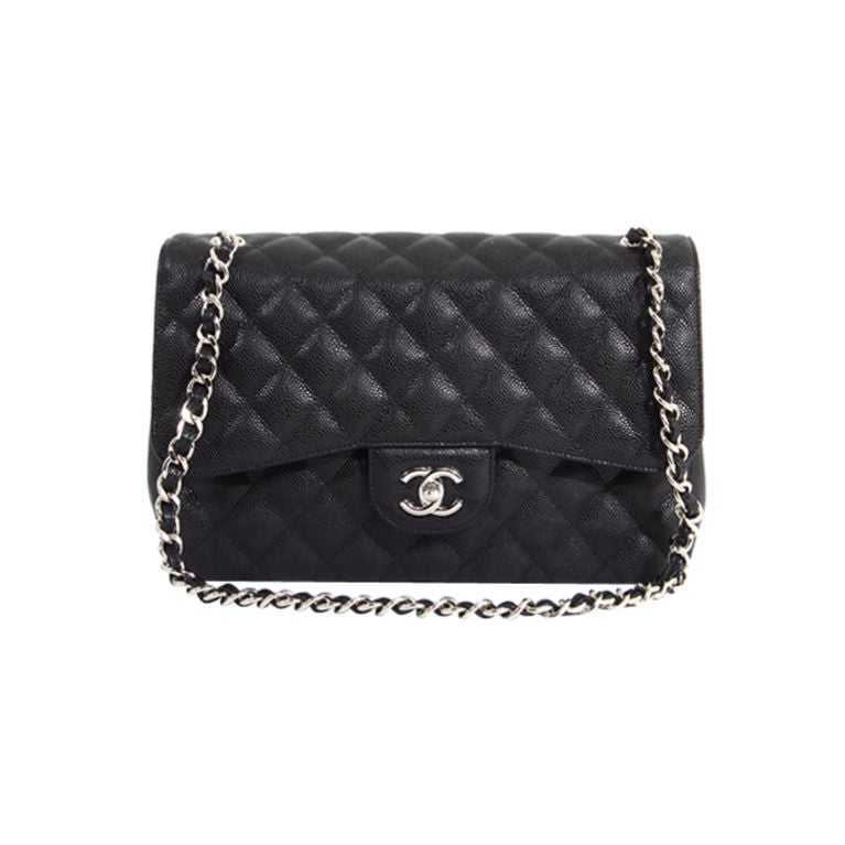 CHANEL Black Quilted Caviar Leather Maxi Jumbo Double Flap Bag
