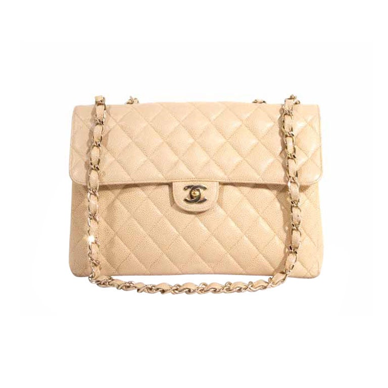 CHANEL Jumbo Beige Caviar Leather Maxi Flap Bag For Sale at