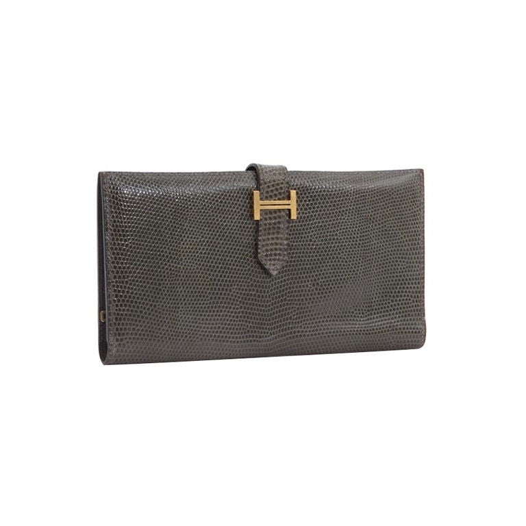 HERMES Lizard Skin BEARN Clutch Purse Wallet Gris Fonce