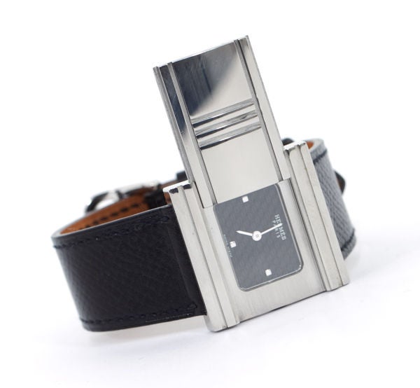 DUPLICATE HERMES Black Leather Glissade Silver Case Bracele