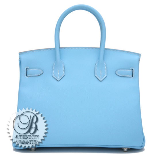 This is an authentic HERMES Celeste Blue Mykonos Epsom Leather 30 cm BIRKIN Bag with Palladium Hardware. This is our favorite candy color – celeste. 30cm is the perfect size for a splash of color!...Not to mention a perfect daily carrying tote. This