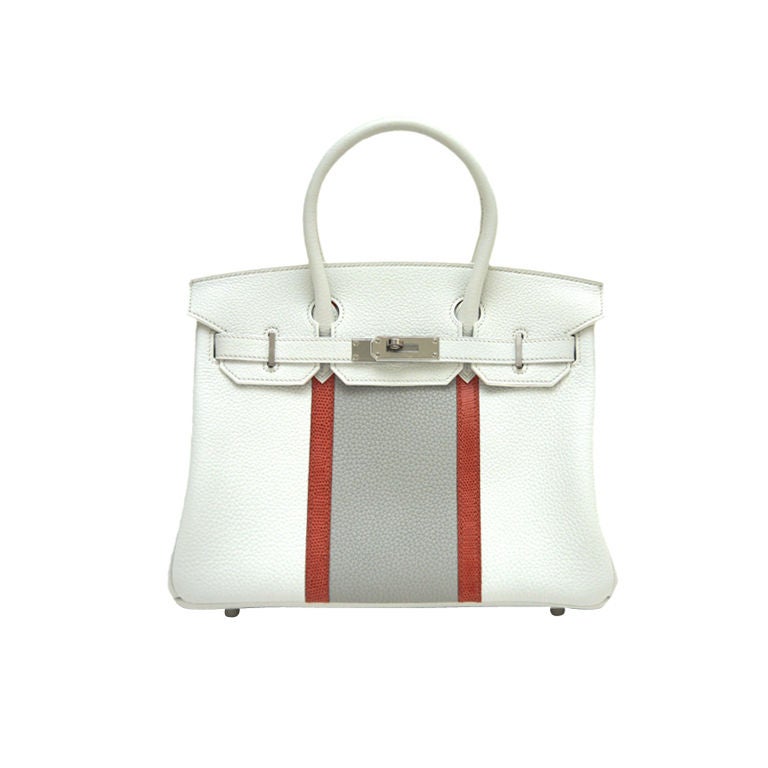 HERMES 30cm White Gris Perle Sanguine Lizard Togo CLUB Birkin