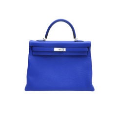 HERMES Blue Electric Togo Leather PHW 35cm Kelly Bag New