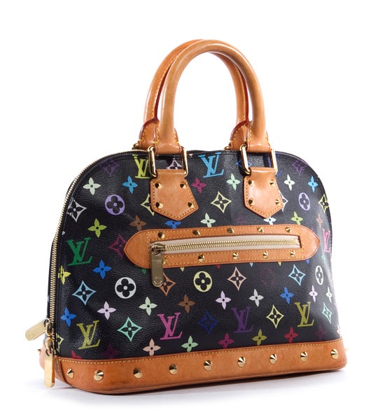This is an authentic Louis Vuitton Multicolor Black Alma bag. Done in signature Louis Vuitton Multicolor black monogram coated canvas with smooth vachetta leather handles and trim, this bag features a zip around top double zipper closure, a flat