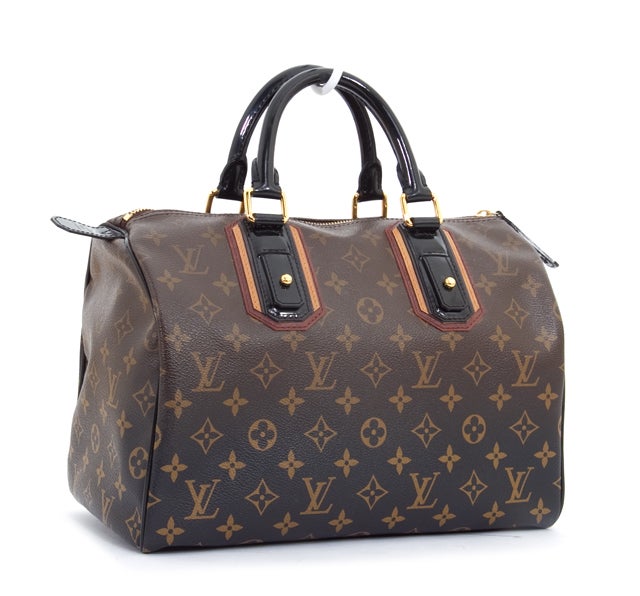 This is an authentic LOUIS VUITTON Monogram Speedy 30 MIRAGE Bag. It is done in beige and brown monogram canvas with black fade down exterior. This bag features gold toned hardware, two black patent rolled leather handles, coordinating black