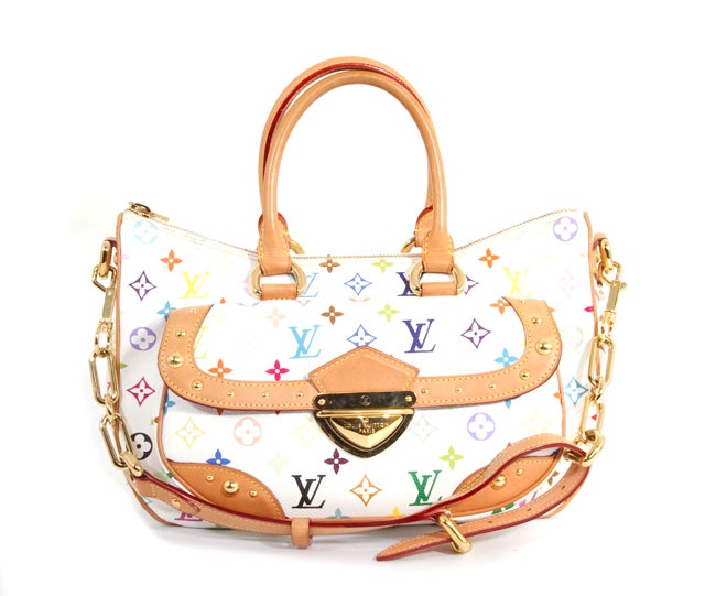 This is an authentic LOUIS VUITTON Multicolor Murakami Rita Bag. It is done in signature Louis Vuitton white multicolor monogram canvas. This bag features gold-tone hardware, natural cowhide leather trim and accents, two rolled leather top handles,