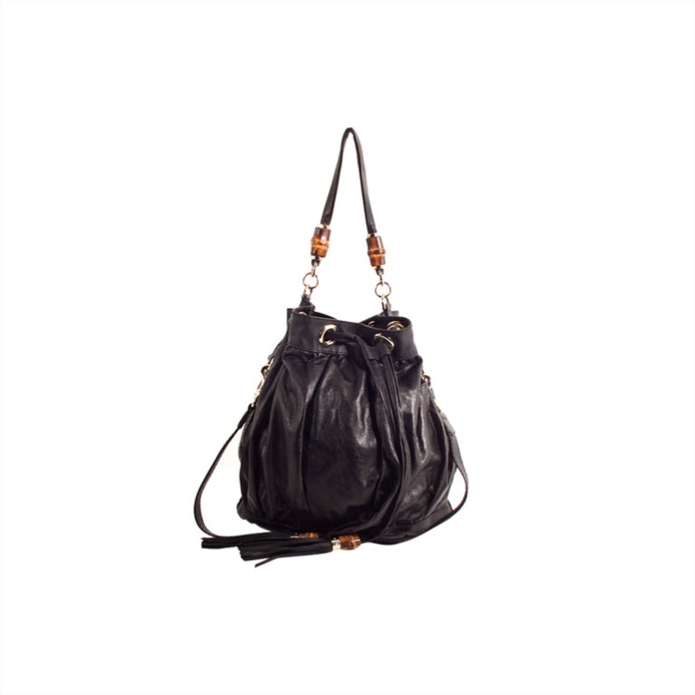 GUCCI Bamboo Beads Bucket Bag Drawstring Black $2700 For Sale
