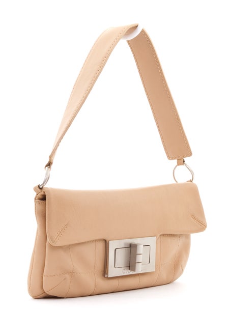 This is an authentic CHANEL Camel Tan Mademoiselle Lambskin Pochette Bag. Done in lovely camel toned leather, this bag features beautiful squared stitching on the exterior front. The silver large clasp features the CHANEL logo. The thick strap