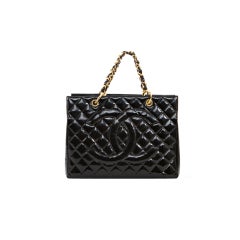 CHANEL Black Patent Leather Quilted Petite GST Bag w GHW