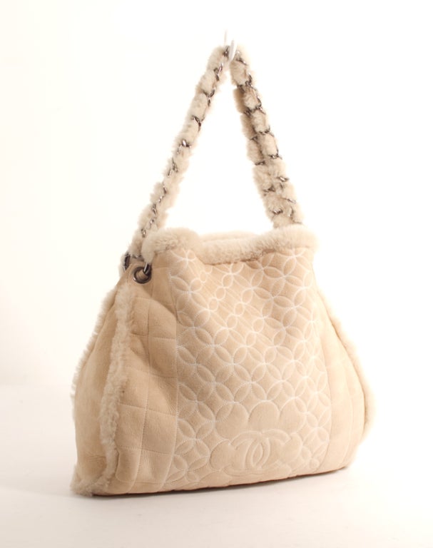 CHANEL Ivory Beige Quilted Leather Suede Shearling Bag