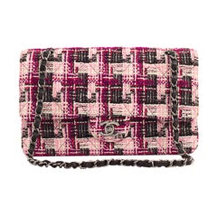 CHANEL Pink Black Tweed Woven Medium Double Flap 2.55 Bag Purse