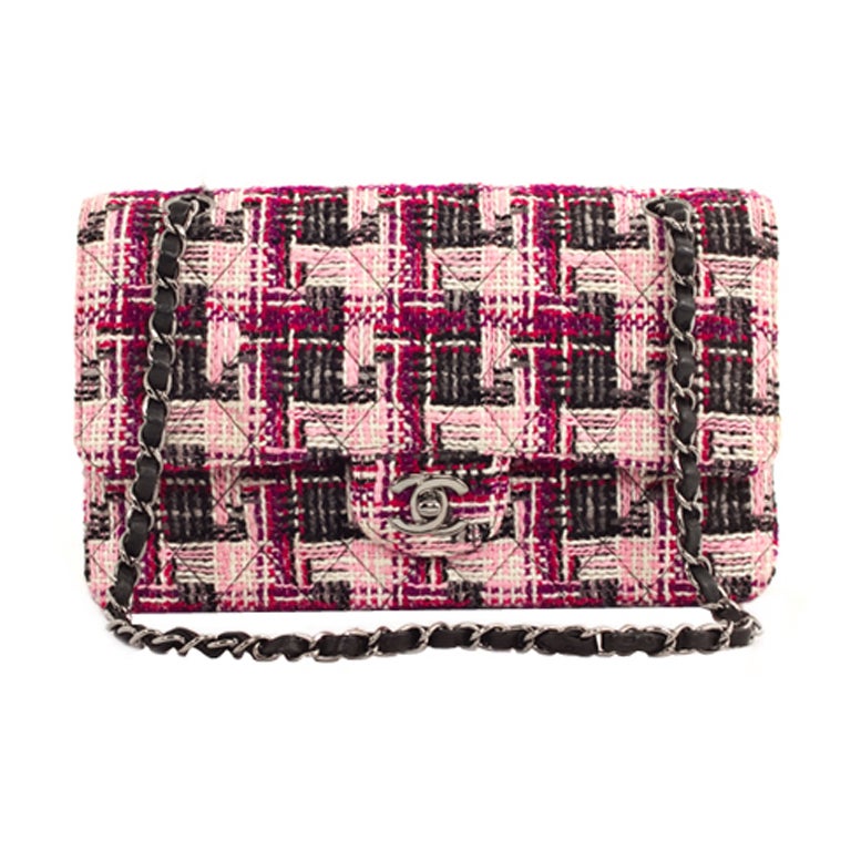 CHANEL Pink Black Tweed Woven Medium Double Flap 2.55 Bag Purse For Sale