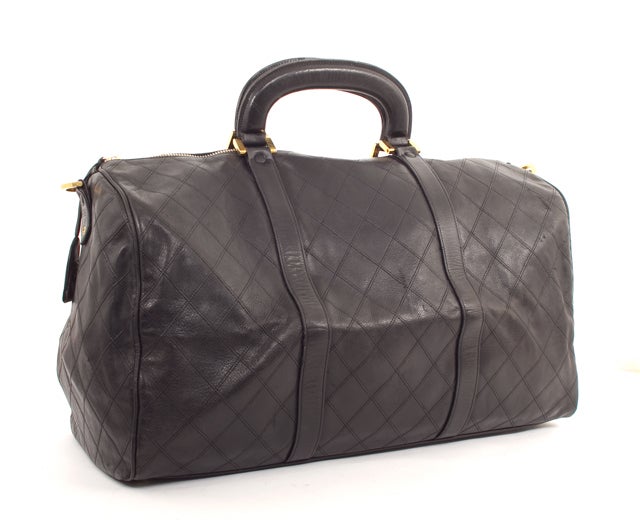 CHANEL Black Diamond Quilted Lambskin Duffel Bag Travel Tote