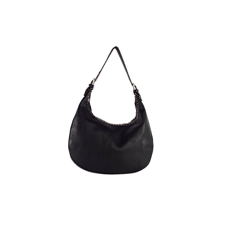 FENDI Black Selleria Leather Hobo Shoulder Bag For Sale