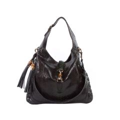 GUCCI $5700 "New Jackie" Black Emerald Tassel Python Hobo Bag