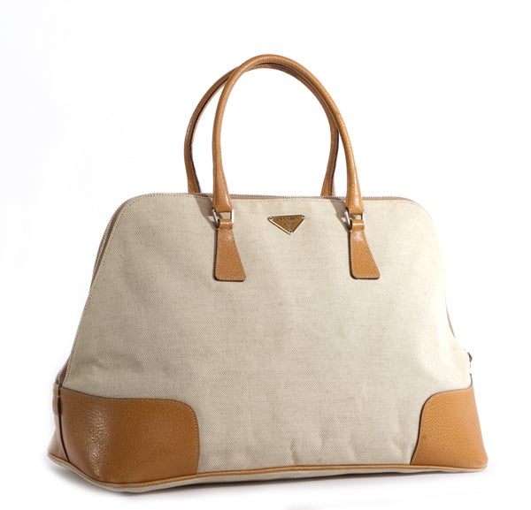 PRADA Beige Canvas Camel Leather Satchel Bag