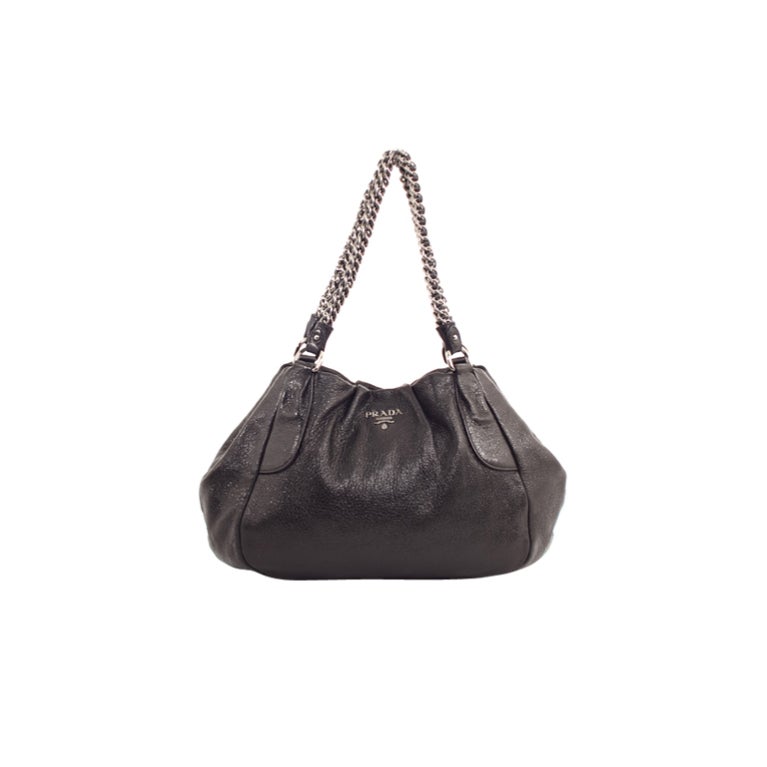 PRADA Cervo Luxe Metallic Black Leather Dual Chain Strap Bag For Sale