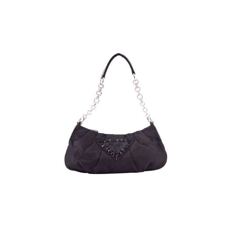 PRADA Black Nylon Sequined Logo Evening Pochette Bag w Chain