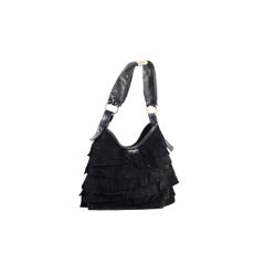 YSL Yves Saint Laurent Black Suede Ruffle St Tropez Bag