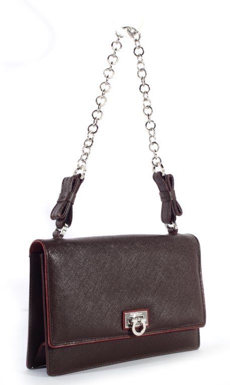 FERRAGAMO Brown Burgundy Leather Chain Strap Bag Purse