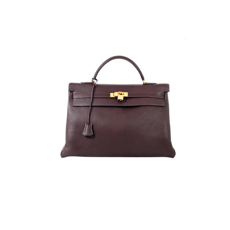 HERMES Clemence Brown Kelly 40 cm Handbag Gold Hardware For Sale