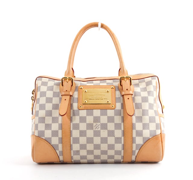 This is an authentic LOUIS VUITTON Damier Azur Berkeley Speedy Bag Purse. Done in the popular Damier Azur canvas, this beautiful piece features four adjustable vachetta leather handles and trim with gold hardware. A gold plate with the Louis Vuitton
