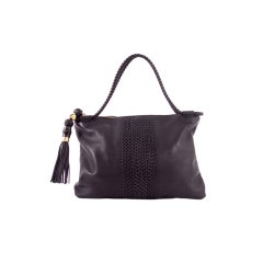 GUCCI Black Leather HANDMADE Woven Front Tassels Shoulder Bag