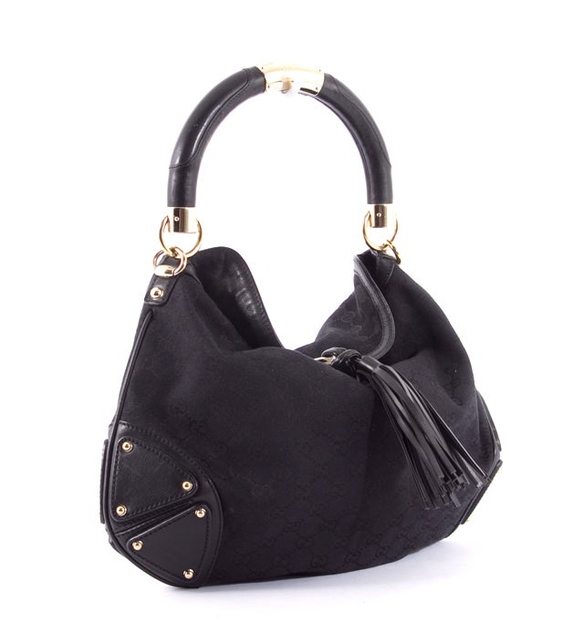 GUCCI Black Monogram GG INDY Tassel Bag with Gold Hardware