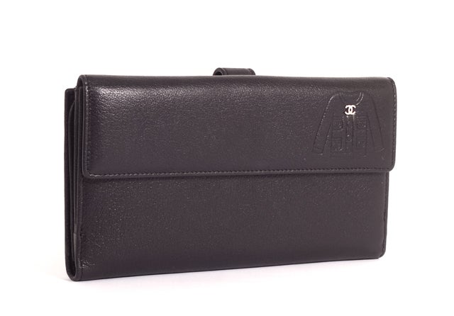 CHANEL Black Long Trifold Checkbook Wallet Jacket Embossed
