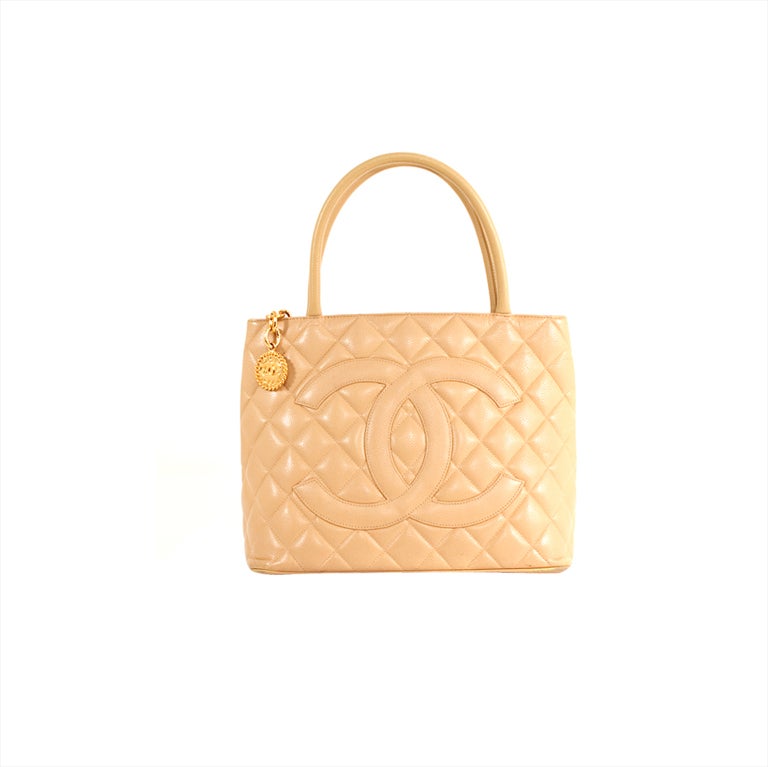 CHANEL Tan Beige Caviar Quilted Medallion Bag For Sale